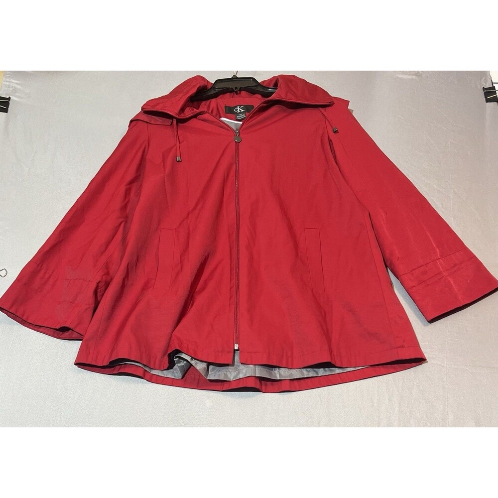 Calvin Klein Red Trench Coat Women’s Sz Medium Fully Lined Zip Front W/Hood